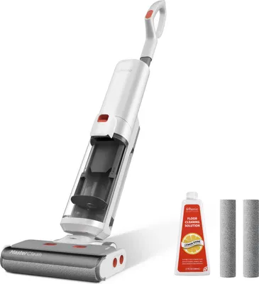 A white and gray cordless vacuum cleaner with cleaning solution and extra roller brushes, displayed against a white background.