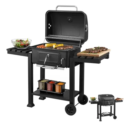 Produktbild von Steinborg Holzkohlegrill mit Deckel – BBQ Grillwagen mit Warmhalterost 2 Grillroste, Höhenverstellung, Thermometer, Fahrbar, Stabiler Kohlegrill für Garten und Terrasse