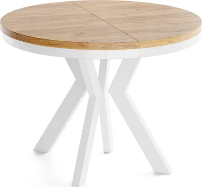 Produktbild von Runder Esstisch Ausziehbar 90-190 cm – Verlängerbar, für 5-9 Personen mit Weißen Holzbeinen & Metallring – Tisch für Wohnzimmer & Esszimmer in Eiche Braun