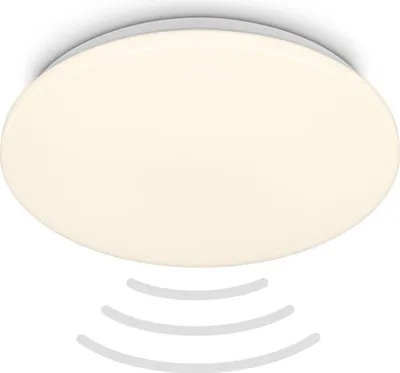 A close-up, studio shot of a circular, white LED ceiling light with a motion sensor.