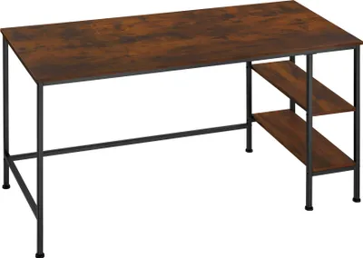 A desk with shelves on a white background.