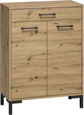 A front view of a wooden cabinet with two doors and a drawer, set against a white background.