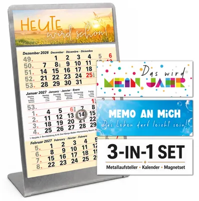 Produktbild von Tischkalender 2027 Set Metallaufsteller + 3 Deko-Magnete magnetisch Büro (Sand)