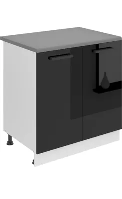 Image de Belini élément bas de cuisine, élément bas de cuisine largeur 80 cm. SD Armoire basse de cuisine avec plan de travail. Armoire de cuisine avec 2 portes, noir brillant
