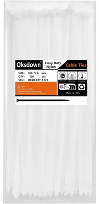 Zdjęcie produktu dla Opaski kablowe, 300 mm x 7,6 mm, extra mocne, 100 sztuk, białe, odporne na promieniowanie UV, nylon, wytrzymałość na rozciąganie: 55 kg