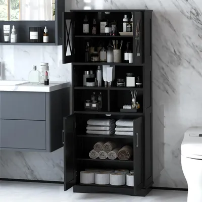 Image de Badkast - Armoire de rangement - Meuble de salle de bain - Armoire avec portes en acrylique - Étagères réglables - Dimensions : 60 x 30 x 145 cm
