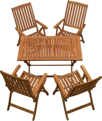 Produktbild von Garten-Essgruppen Edle Teak Sitzgruppe aus 4 Hochlehnern und 1 Klapptisch 120 x 80 cm Set aus Teak-Gartenmöbeln mit Klappfunktion