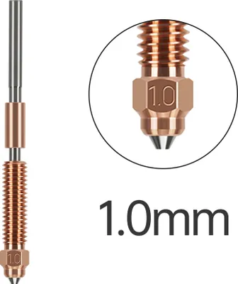 Zdjęcie produktu dla akcesorium do drukarki 3D, dysza z powłoką miedzianą CZ o grubości 1,0 mm wykonana z hartowanej stali, kompatybilna z Creality K1C/K1 Max/Ender 3 V3. Zintegrowana bimetalowa dysza do drukarek 3D z szyjką ze stopu tytanu do druku wysokoprzepływowego