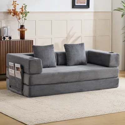 Productafbeelding van Vloerkussen, compressiekussen, multifunctioneel, kussens, armleuningen, bekerhouders, zijvak, corduroy stof, geschikt voor woonkamer/slaapkamer. L3