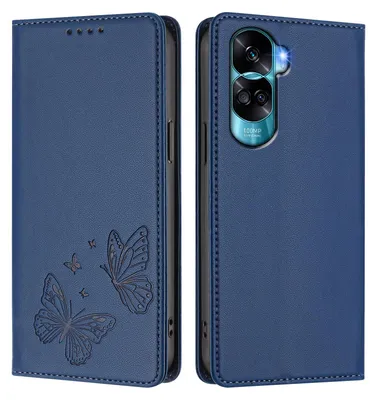 Image de Étui en cuir pour Honor 90 Lite, motif papillon, étui portefeuille à rabat avec support, bleu foncé