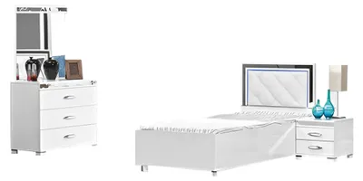 Produktbild von Komplette Schlafzimmer Bett Kommode Tische 3tlg Weiß Holz Einzelbett