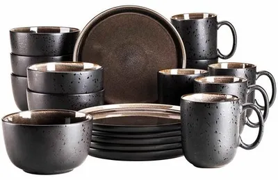 Imagen del producto de Juego de vajilla de cerámica Unyqoos® de 18 piezas para 6 personas – Gres, gris/, incluye: 6 tazas, 6 cuencos para cereales y 6 platos para el desayuno. Apto para microondas y lavavajillas