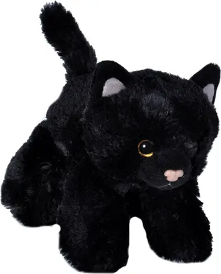 A plush black cat toy is shown against a white background.