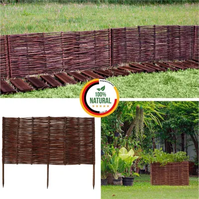 A collage of images showing a woven willow fence border in different settings, including a long section in a garden and a smaller section with stakes.
