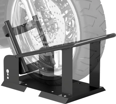 Obrázek produktu pro Stojan na přední kolo motocyklu – montážní stojan – nosnost 816,5 kg – výškově nastavitelný – pro kola Ø38,1–53,34 cm – 71,5×27×33,5 cm – černý