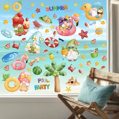 Image de Décorations pour fenêtres, thème été, couleurs vives, réutilisables, dimensions 98x30 cm