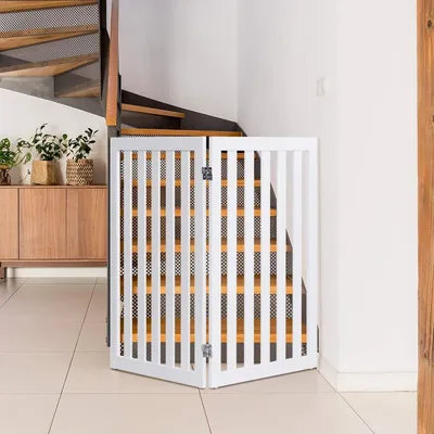 Zdjęcie produktu dla COSTWAY ogrodzenie barierowe dla psów o wysokości 89 cm, składana drewniana bramka bezpieczeństwa, bramka schodowa barierka dla psa elastyczna bramka bezpieczeństwa drzwi (białe przedłużenie)