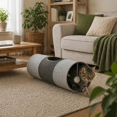 Image de Tunnel pour chat Belviona, tunnel de jeu pliable pour chats avec balle, extensible, peu encombrant et robuste, 30 x 70 cm, gris
