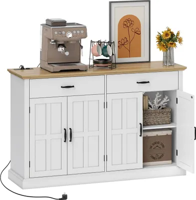 Image de HOMCOM Buffet avec port USB et multiprise, meuble de rangement avec 2 placards à portes de grange, 2 tiroirs et étagères réglables, buffet salle à manger et salon, 140 x 40 x 91,5 cm, blanc
