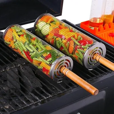 Produktbild von Famanu Grillkörbe für den Außenbereich, 2 Stück, mit Holzgriffen, Edelstahl für Gemüse und Meeresfrüchte