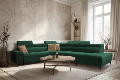 Produktbild von L-förmiges Sofa Eckcouch mit Schlaffunktion GREKO XII Dunkelgrün Stoff AVRA 12 Rechsseitig IM SOFA