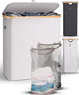 Produktbild von HENNEZ Großer Wäschekorb mit Deckel, 2 Fächer | 140L Wäschesack | Wäschekorb für Bad und Schlafzimmer | Moderner Wäschesammler mit Griffen | Faltbarer