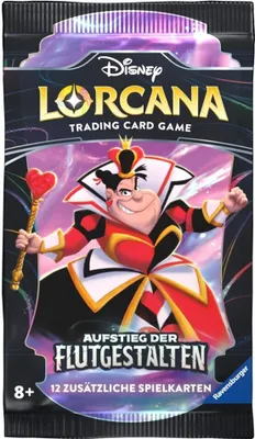 A booster pack for the Disney Lorcana trading card game, featuring the Queen of Hearts from Alice in Wonderland.