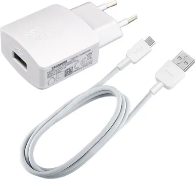 A white Huawei travel charger and a white USB data cable are shown on a white background.
