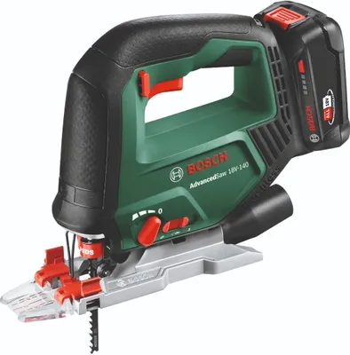 A cordless jigsaw is shown from a slightly elevated side angle against a white background.