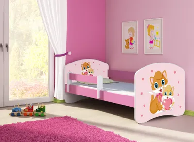 Produktbild von ACMA Jugendbett Kinderbett Junior-Bett Komplett-Set mit Matratze Lattenrost und Rausfallschutz Rosa 33 Miezekatzen 140x70