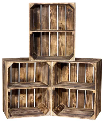 Produktbild von 4er Set geflammte/braune Holzkiste mit Mittelbrett Quer 50cm x 40cm x 30cm Obstkiste Holzregal Kiste Weinkiste