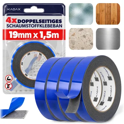 Imagen del producto de Cinta adhesiva de doble cara KADAX, 19 mm x 1,5 m, 4 rollos, extra fuerte. Cinta adhesiva de montaje de espuma de polietileno, cinta de doble cara para espejos, molduras y decoración, Imagen generada por IA