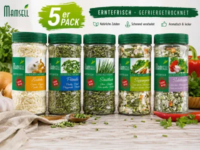 Produktbild von Mamsell 5er Vorrats-Pack gefriergetrocknete Kräuter & Gemüse – Zwiebeln, Petersilie, Schnittlauch, Suppengrün & Salatkräuter