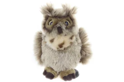 A plush toy owl is shown against a white background.