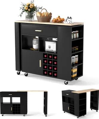 A black kitchen island cart with a wooden countertop, shown in a studio setting with a white background. The cart features shelves, a drawer, a wine rack, and a toaster.