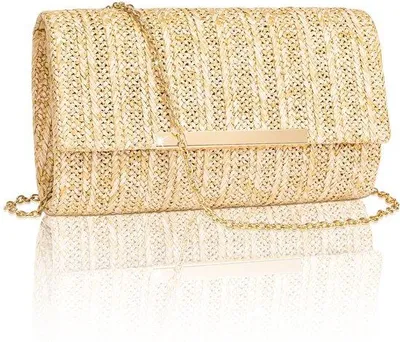 Immagine prodotto di Borsa di paglia boho intrecciata a mano Ibbenzoa®, 22x13x5 cm – Pochette intrecciata con dettagli dorati e catena dorata removibile, da portare a tracolla o a spalla