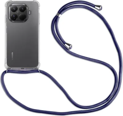 A transparent phone case with a dark blue lanyard attached to a smartphone.