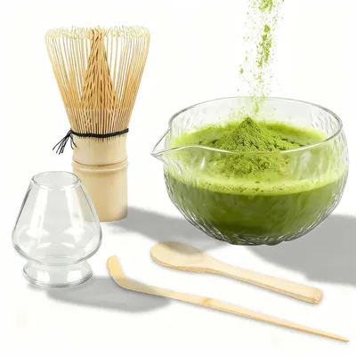 Immagine prodotto di Set da Matcha, 5 pezzi, con ciotola, frustino, supporto e cucchiaino, in vetro trasparente