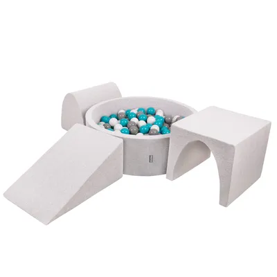 Obrázok produktu pre KiddyMoon Mäkké penové ihrisko pre deti s guľatým loptičkovým ihriskom (200 ∅ 7 cm) s mäkkými prekážkami a loptičkovým bazénom,  vyrobené v EÚ, Svetlo sivá:Grey/Biela/Tyrkysová, Verzia 2