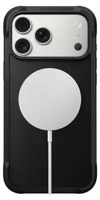 A black iPhone case with a white MagSafe charger attached.