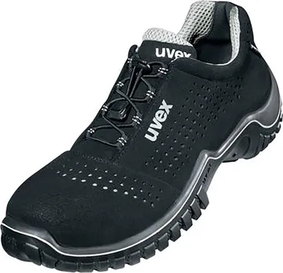 A black and silver Uvex safety shoe is shown against a white background.