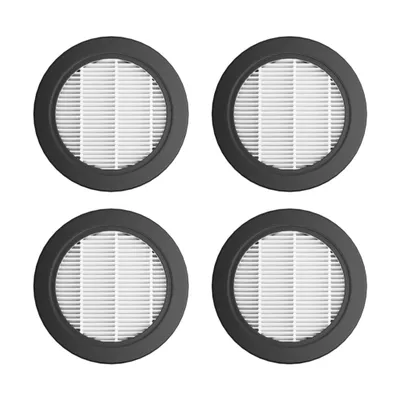 Four round vacuum cleaner filters are arranged in a two-by-two grid on a white background.