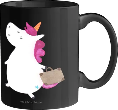 Produktbild von Mr. & Mrs. Panda Teetasse Einhorn Koffer - Schwarz - Geschenk, Lustig, Trinkbecher, Bedruckte Tasse, Kaffeetasse, Erwachsen, Kaffeebecher, Einhörner, Reise, Unicorn