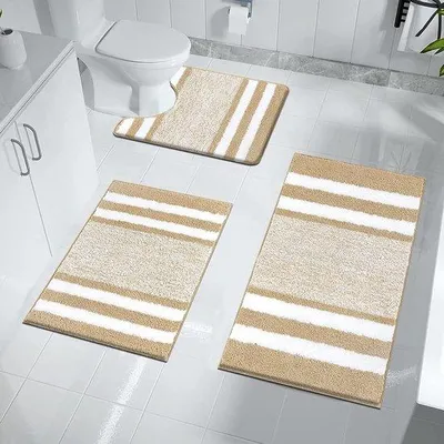 Immagine prodotto di Set da bagno Unyqoos® composto da 3 pezzi – lavabile e antiscivolo (TPR), in microfibra, color beige. Include: 2 tappetini da bagno (45x65 cm e 50x80 cm) + 1 tappetino per WC a forma di U (50x60 cm), spessore 15 mm