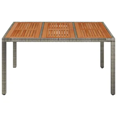 A rectangular outdoor table with a grey rattan base and a wooden slatted top, shown from the front against a white background.