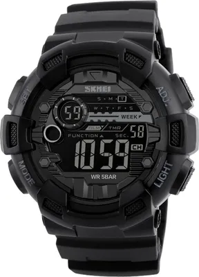 A close-up, front-facing studio shot of a black digital sports watch.
