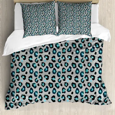Produktbild von ABAKUHAUS Leopard Bettbezug Set, Interpretation von Stain Wie Motive, 155 x 220 cm + 80 x 80 cm, Teal schwachgrau