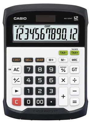 Produktbild von Casio WD-320MT, Desktop, Finanzrechner, 12 Ziffern, Display klappbar, Batterie/Solar, Schwarz, Weiß