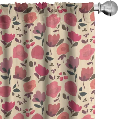 Obrázek produktu pro ABAKUHAUS Květinové závěsy, záclony, abstraktní design květin a bobulí s listy na šampaňském pozadí, 2 kusy 75 x 175 cm, vícebarevné