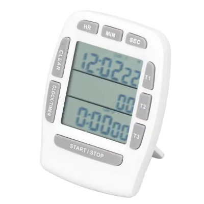 Zdjęcie produktu dla 3-krotny timer z wyświetlaczem LCD - odliczanie i stoper, wielofunkcyjny, biały, z wbudowaną baterią